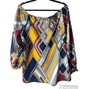 ASHLEY STEWART Blouse Woman’s sz18 On/Off-Shoulder Blue/Yellow Geo Retro Top